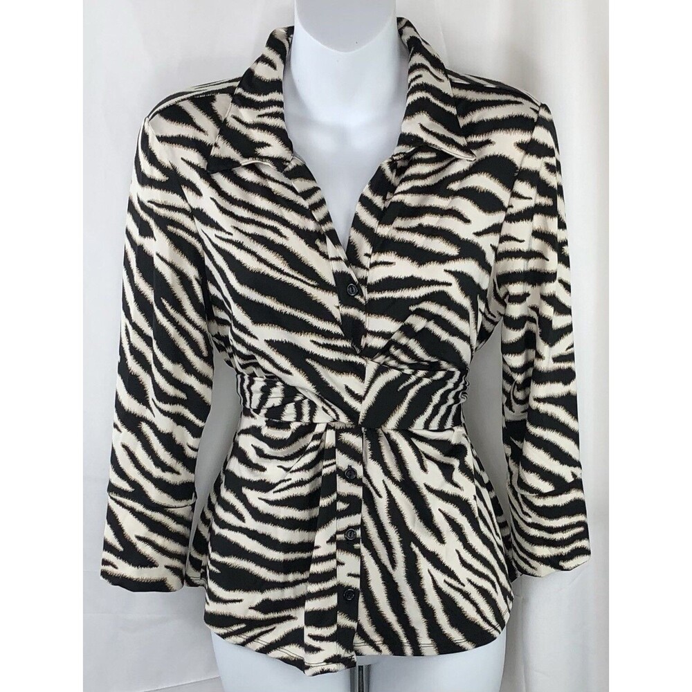 Vintage Studio 1960 Tie Empire Top Zebra Ivory blk Collar  Button Y2K 90s glam